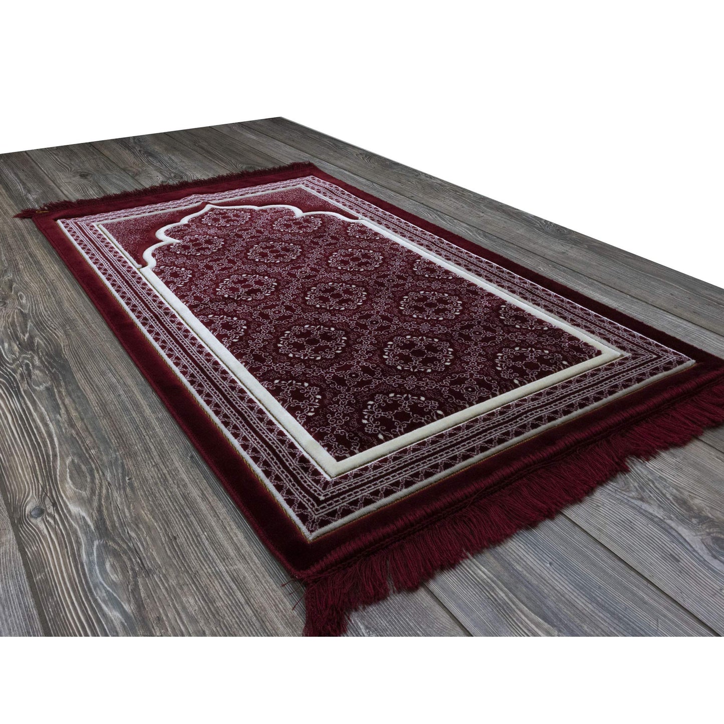 Modefa Turkish Islamic Prayer Rug - Soft Velvet Janamaz Praying Carpet - Comfortable Muslim Praying Mat for Men & Women - Ramadan or Eid Gift - with Kufi Prayer Cap - Elegant Swirl (Red) - Medaid International