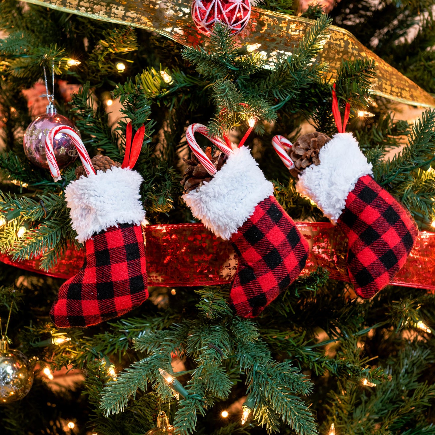 JOYIN 12 PCS 5” Mini Christmas Stocking,Red Black Plaid Xmas Stockings for Christmas Tree Decoration, Party Favors and Holiday Season Supplies - Medaid International