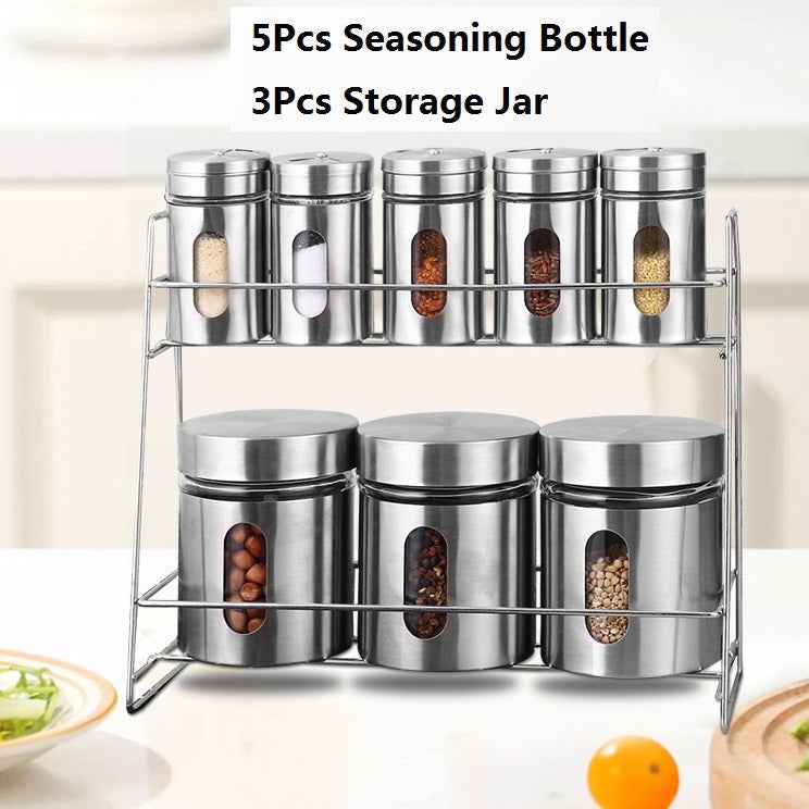 8-Pcs Stainless Steel Glass Spice Rack Set – 330/100ml #CB-TWJ07