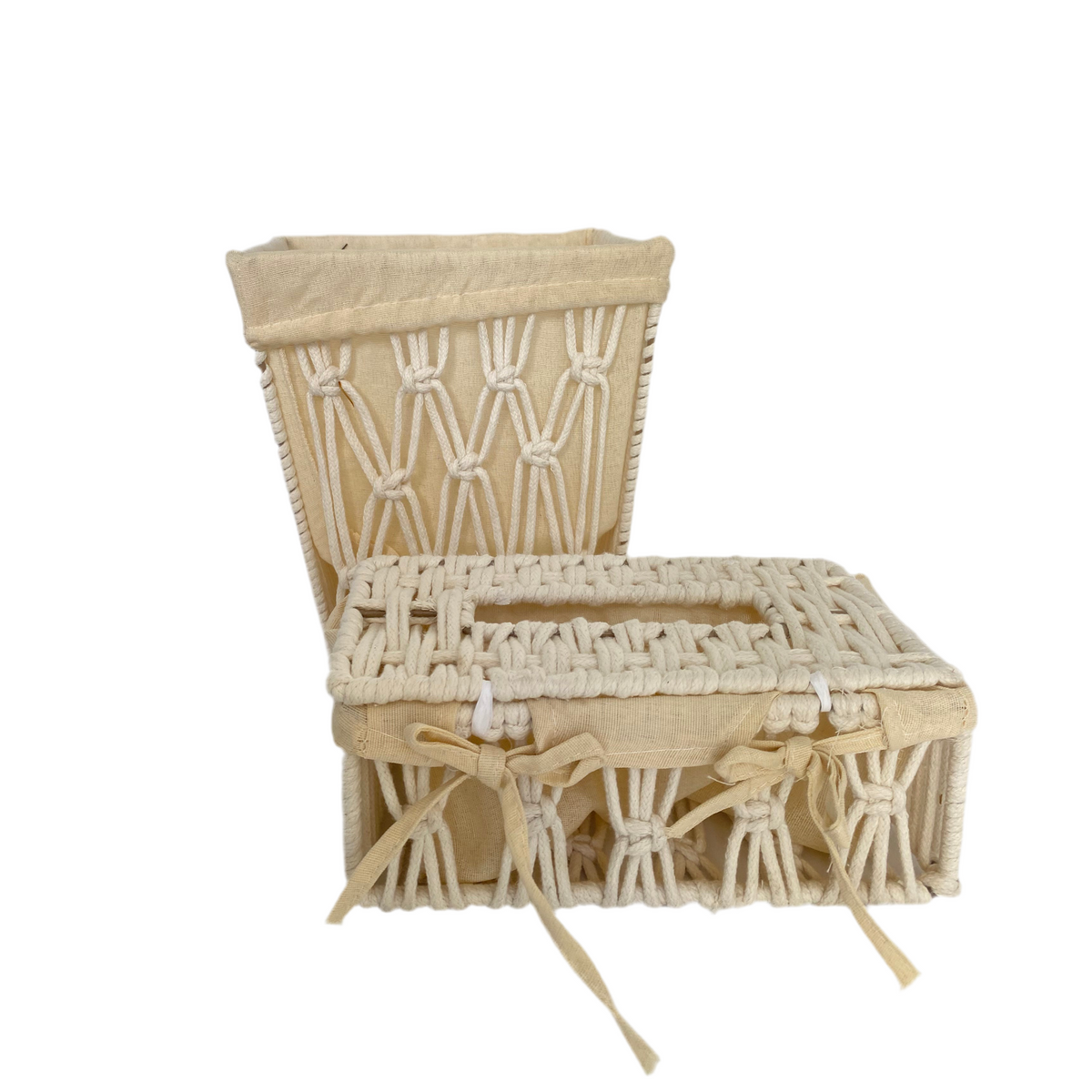 2 PCs Macrame Cotton Tissue Box With Waste Basket Set