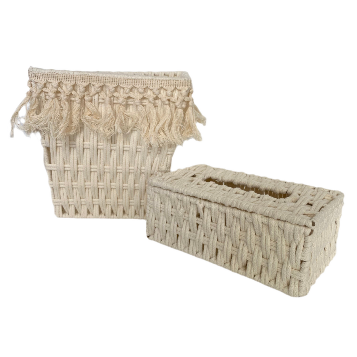 2 PCs Macrame Cotton Tissue Box With Waste Basket Set