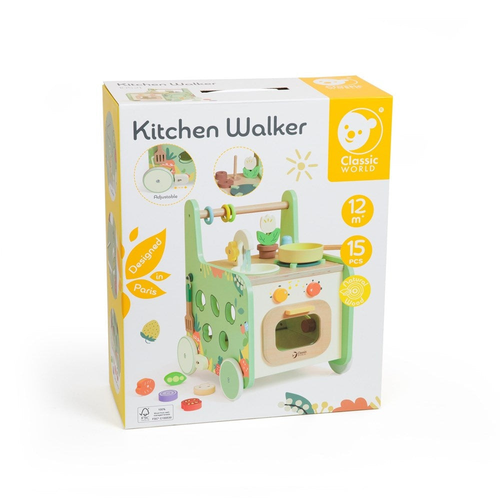 Classic World Wooden Kitchen Walker 2-in-1 Baby Walker & Play Kitchen (15 pcs)