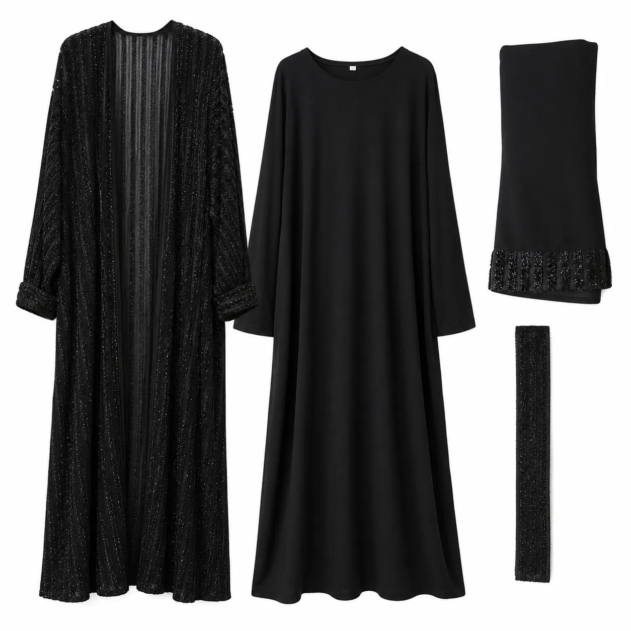Jasmine Women's Black Shimmering Vertical Stripe Open 4 Pieces Abaya | Jasmine In Lebanon