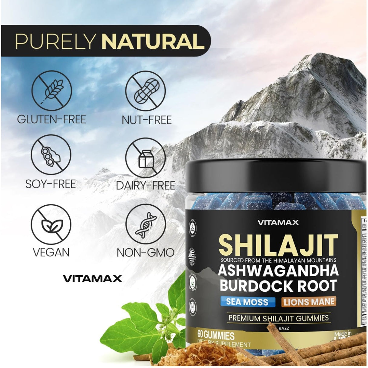Organic Shilajit Gummies, Sea Moss, Ashwagandha, 105+ Trace Minerals – Organic Burdock Root & Lions Mane Mushroom - Blue Razz – Vegan & Non-GMO – Made in USA – 60ct - Medaid International