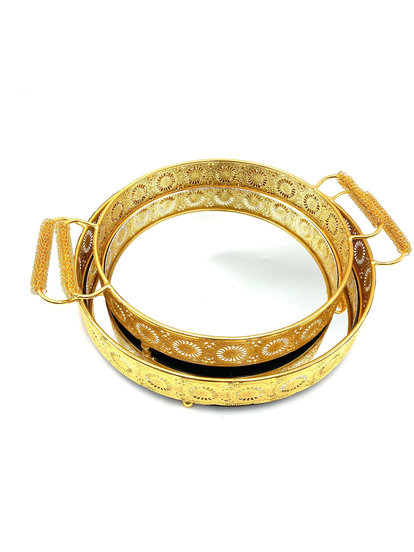 2 PCs Rounded Mirror Golden Metal Tray Set