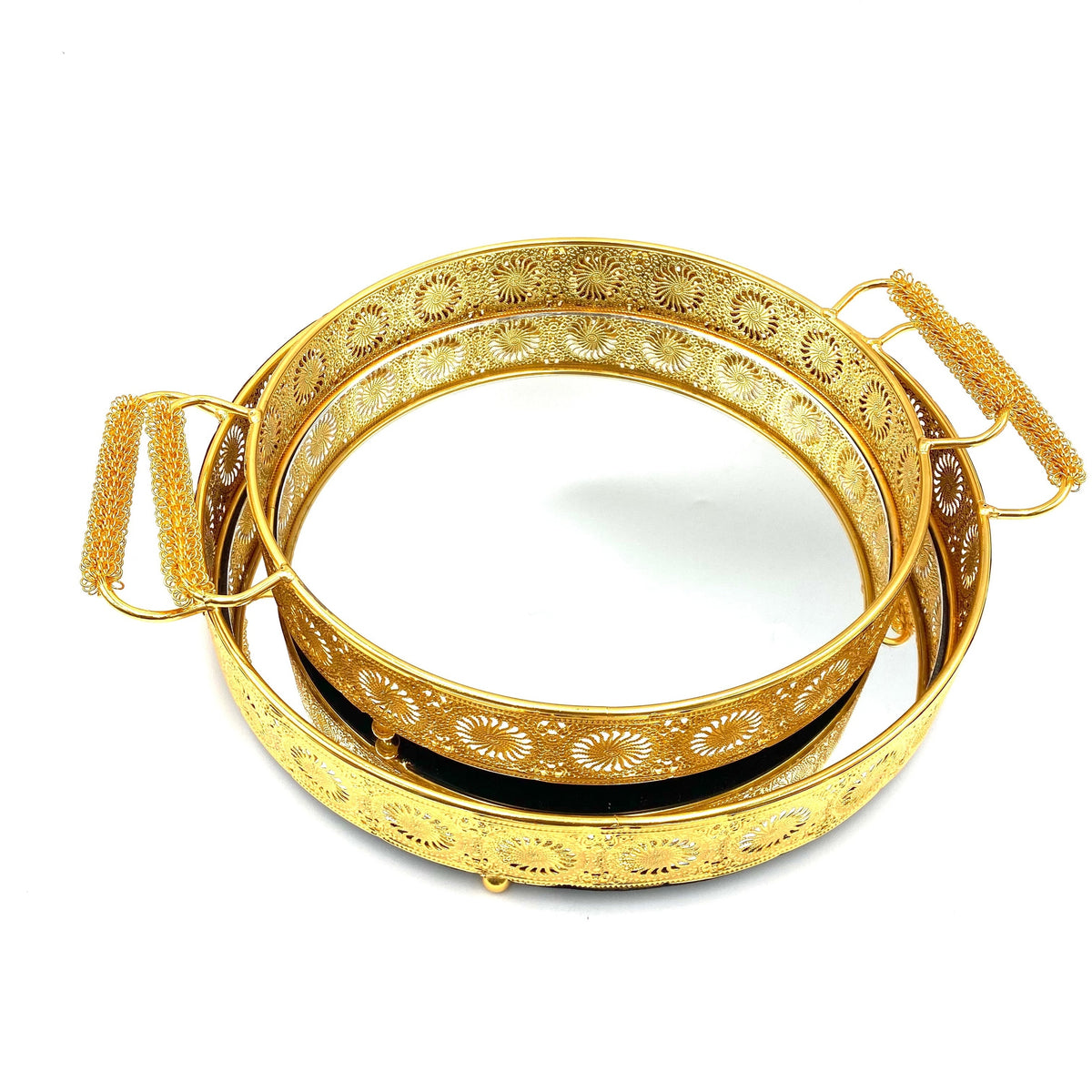 2 PCs Rounded Mirror Golden Metal Tray Set