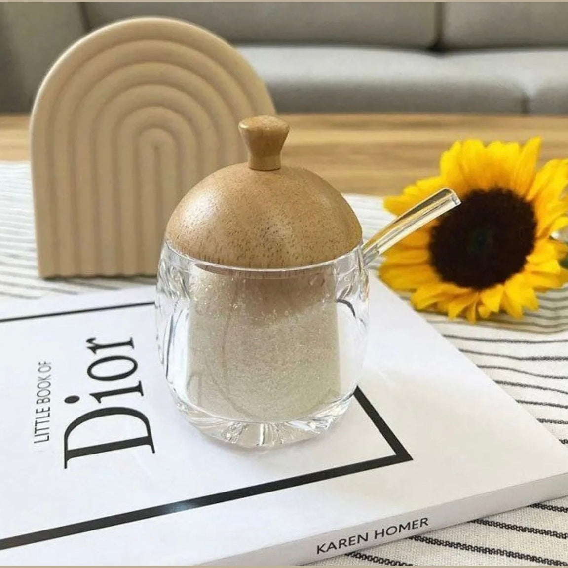 Glass Sugar Pot With Bamboo Lid W/Spoon