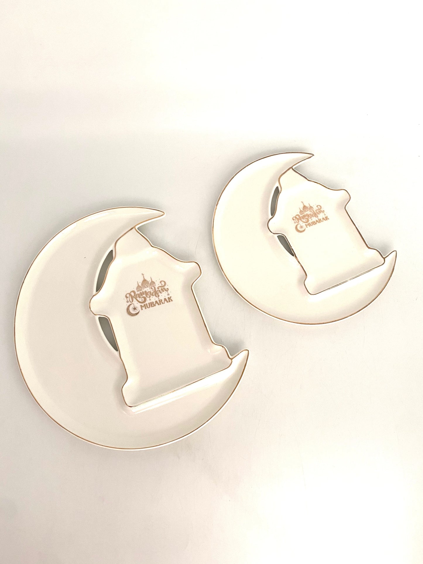 2 Pcs Moon & Mosque Shaped Porcelain Serving Plates “Ramadan Mubarak” Set