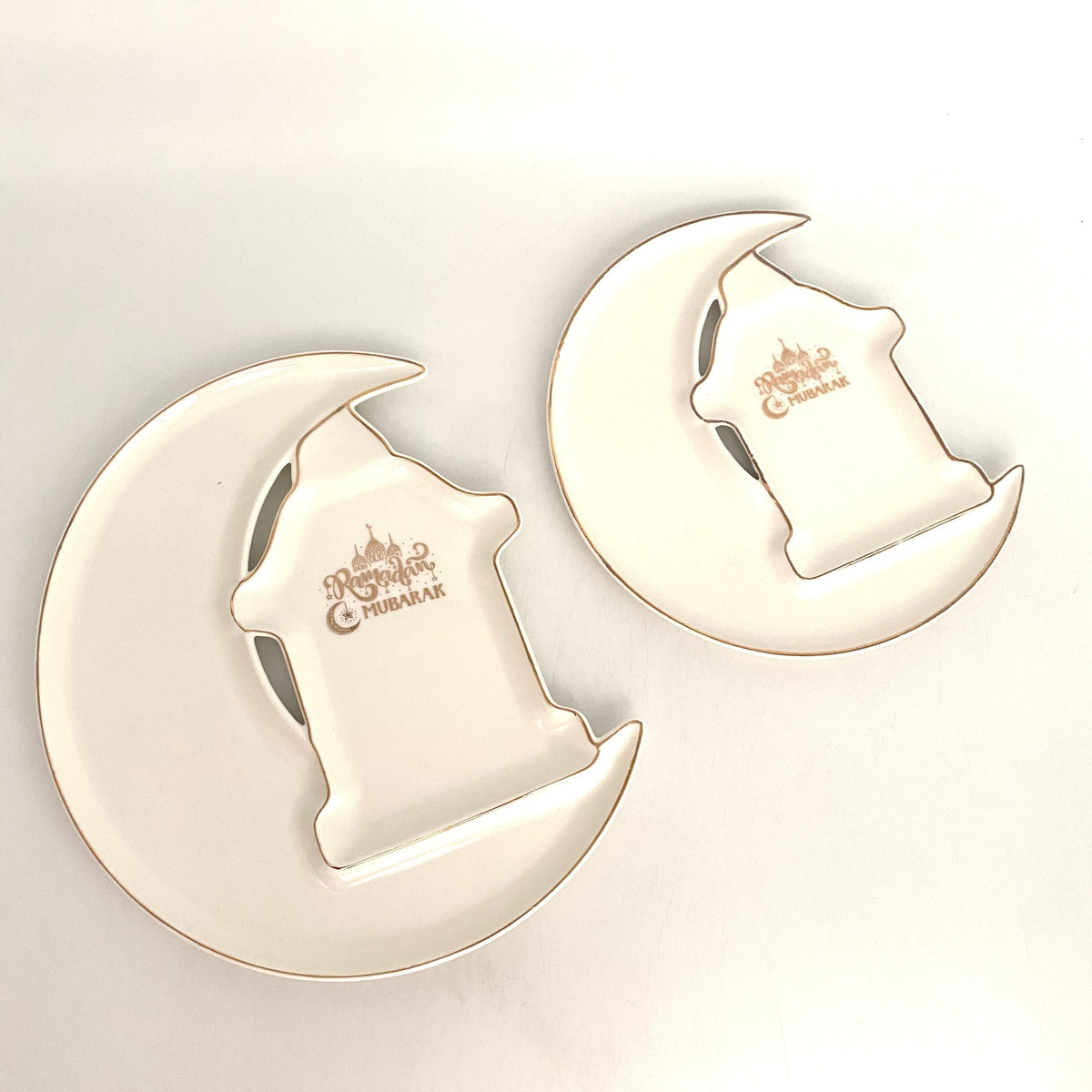 2 Pcs Moon & Mosque Shaped Porcelain Serving Plates “Ramadan Mubarak” Set