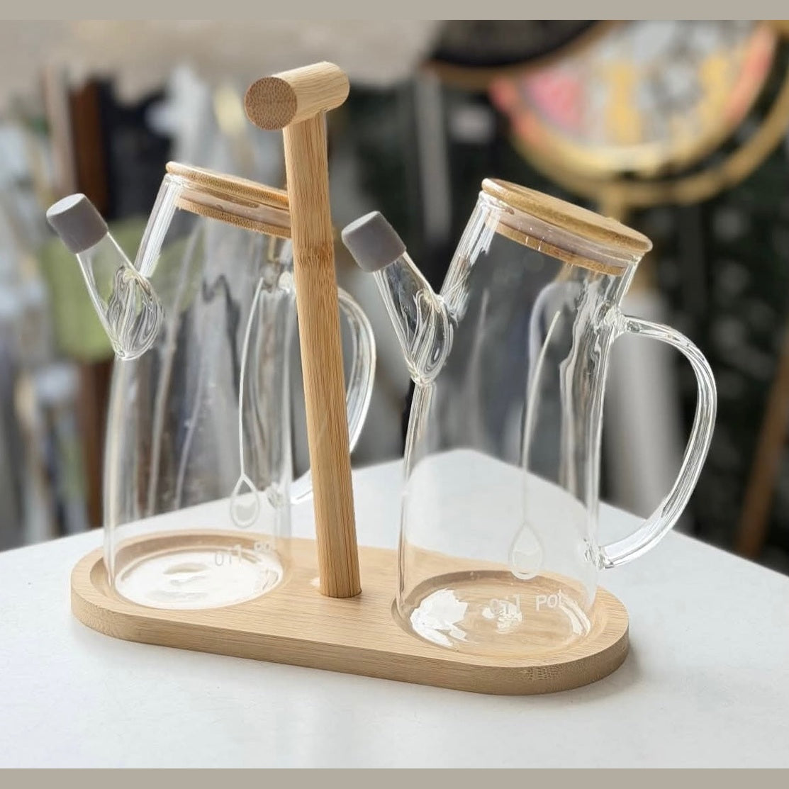 2 Pcs Glass Oil Jugs With Bamboo Stand