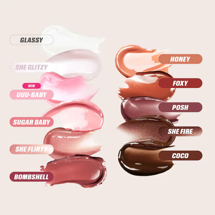 HUDA BEAUTY Faux Filler Shiny Non-Sticky Lip Gloss-Color: She Fire - a sheer deep brown gloss