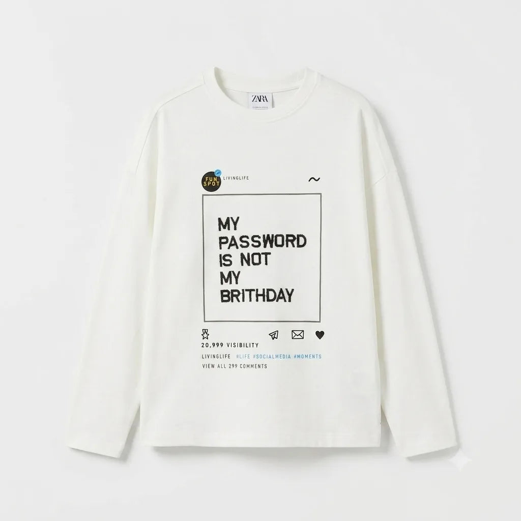 Zara Boy's White "My Password Is Not My Birthday" Graphic Print Long Sleeve Blouse | Zara In Lebanon