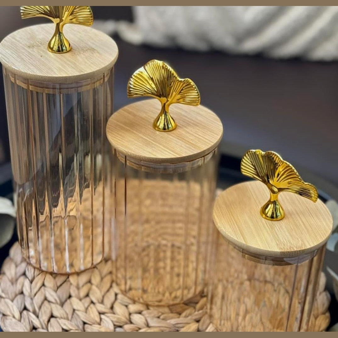 3 PCs Golden Glass Storage Jar Set With Bamboo Lid