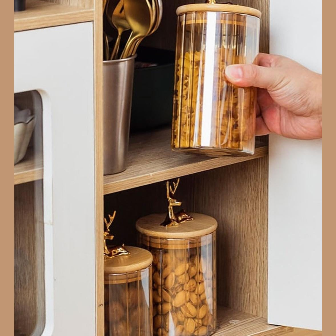 3 PCs Golden Vertical Stripe Spice Jars With Deer Head Lids