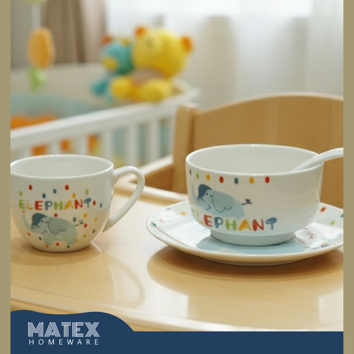 Porcelain Baby Feeding Set - 4 Pieces - White With Elephant Design