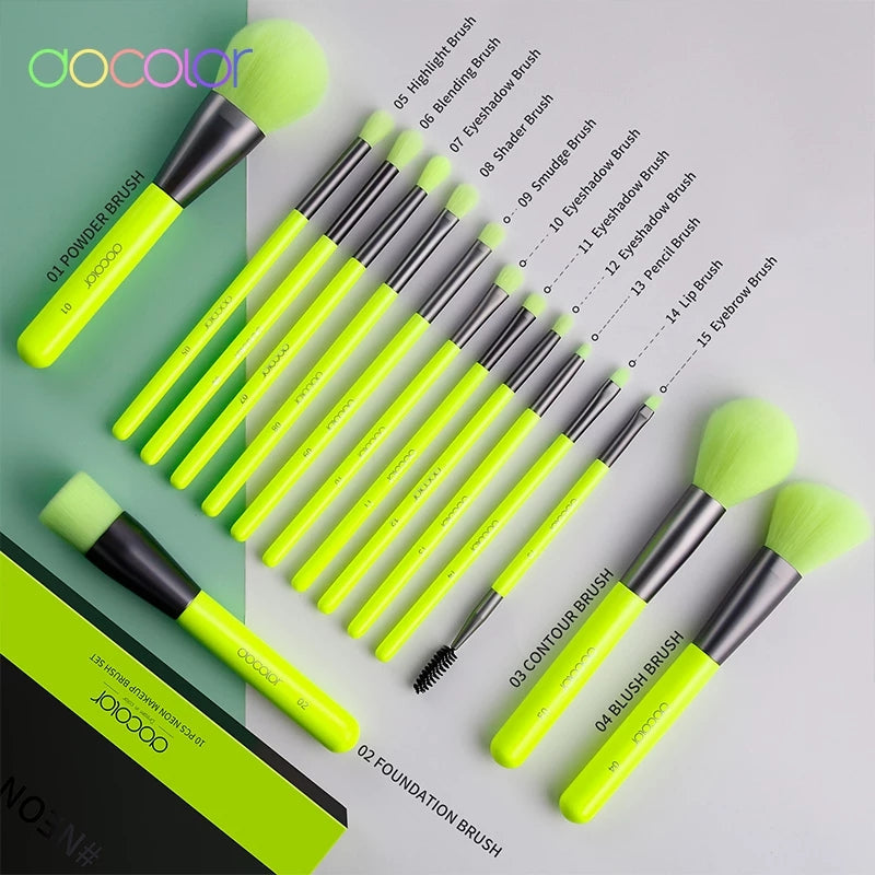 Docolor 15 Pieces Neon Green makeup brush set