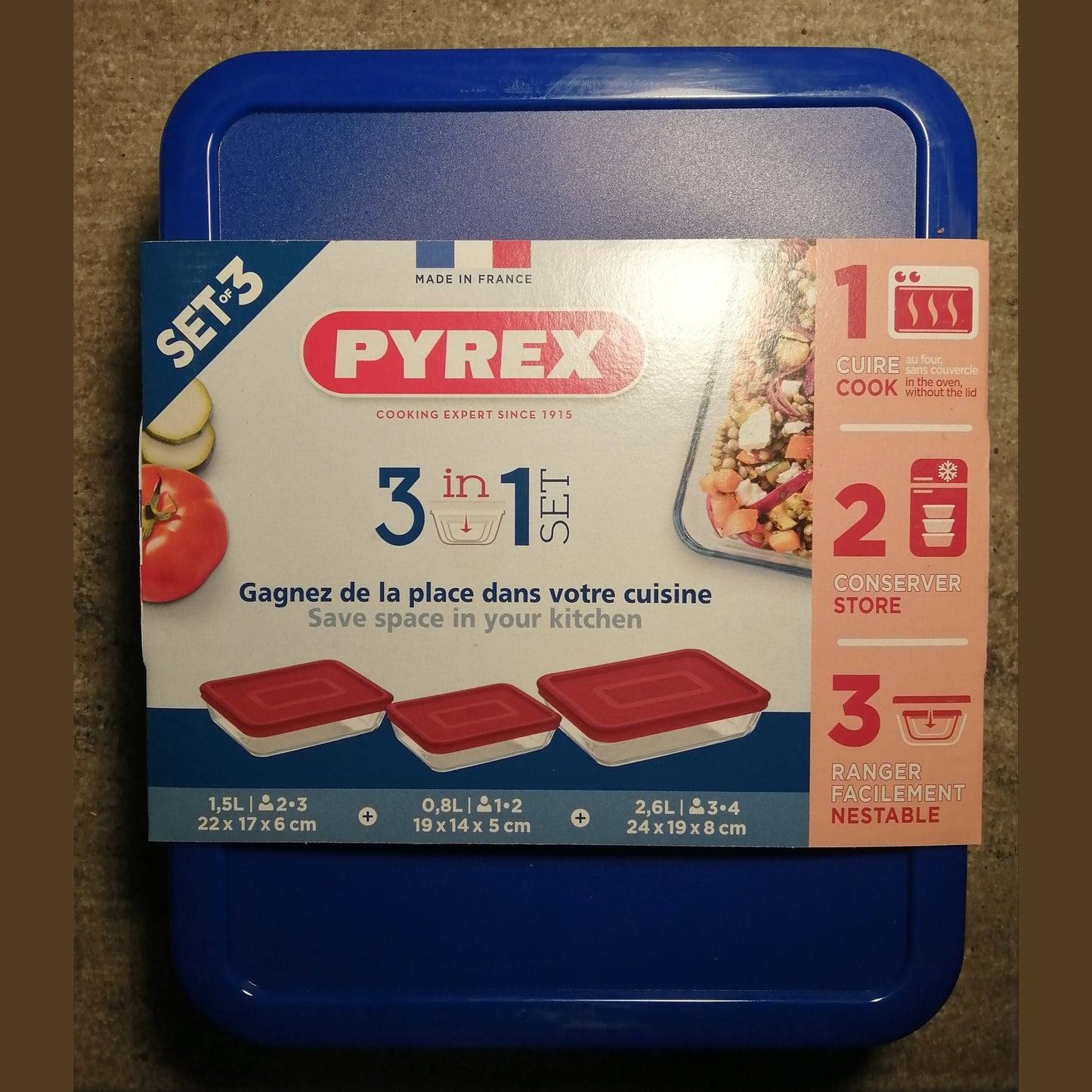 Pyrex 913s344 Set 3 Roast Px +lid Blu Cook & Freeze