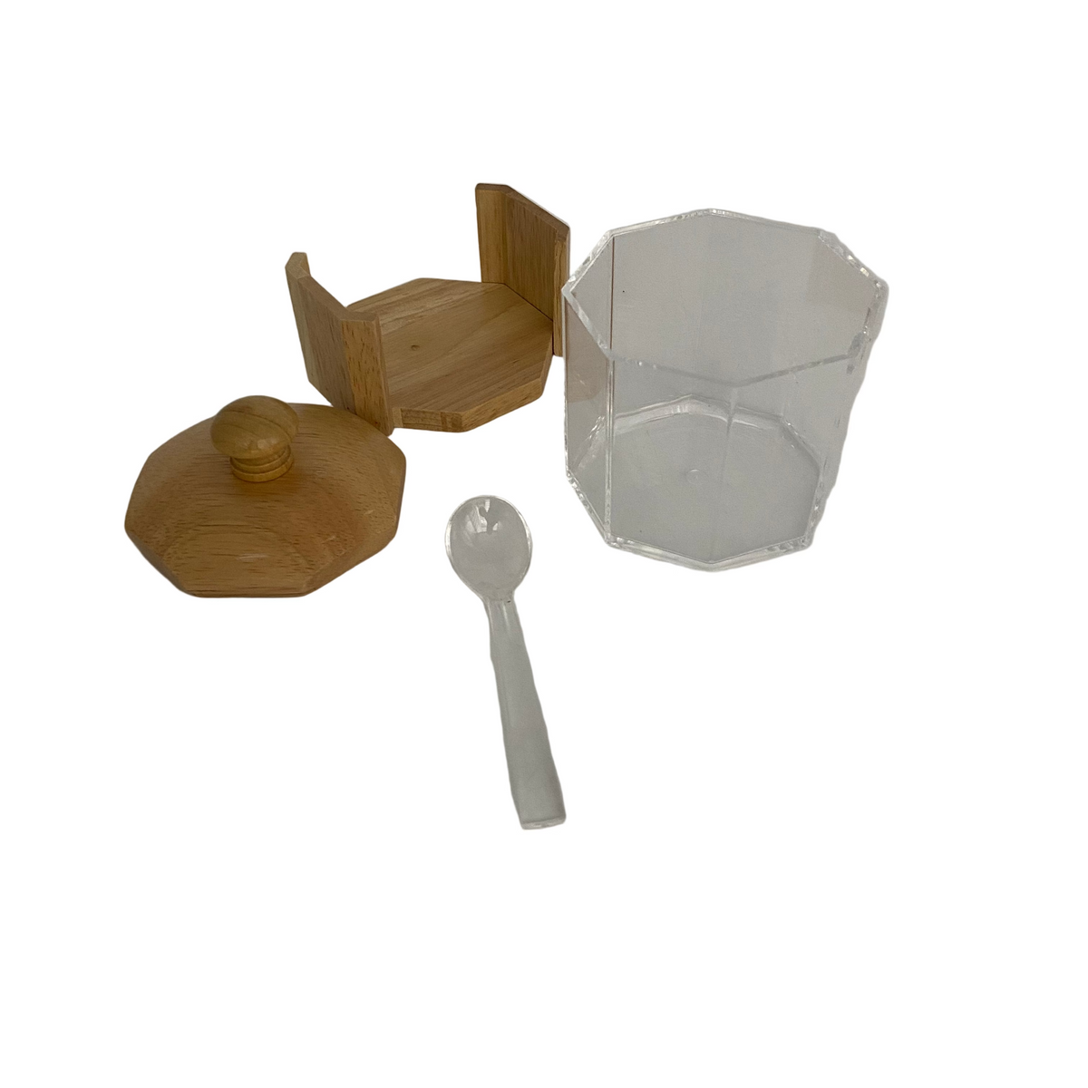 Hexagonal Acrylic Sugar Pot With Bamboo Stand & Lid