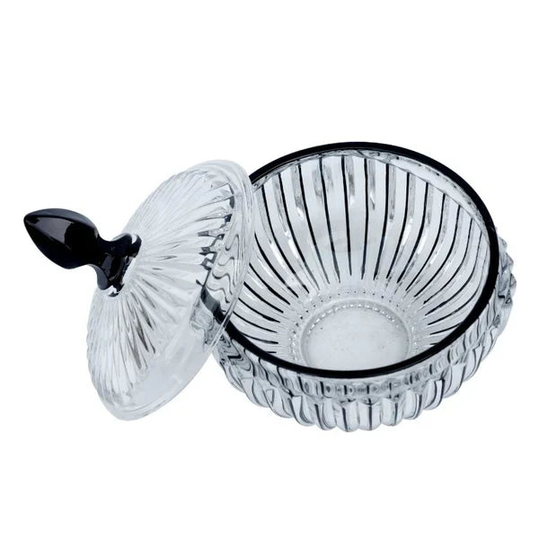 Small Striped Glass Candy Bowl with Black Lid