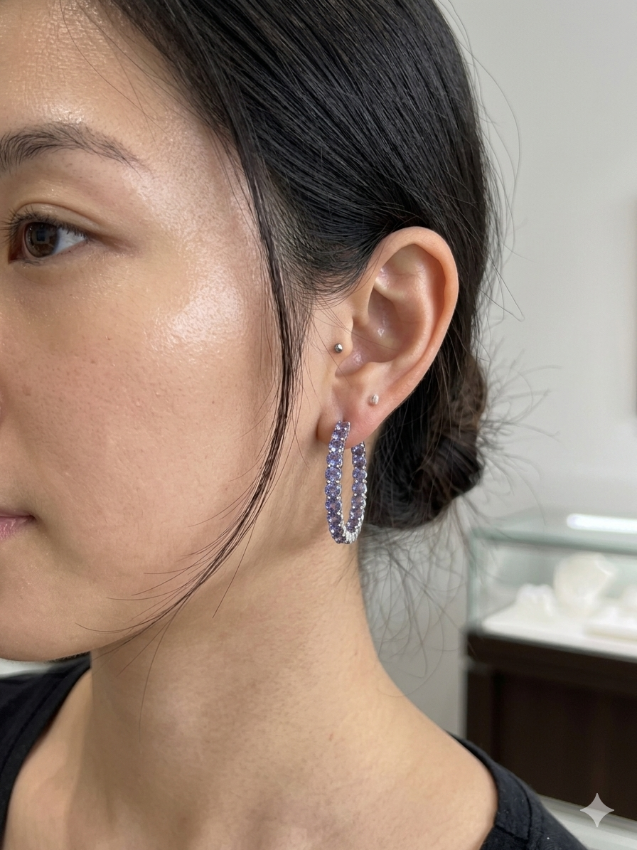 On 34th Women's Purple/Sliver Crystal Station Medium Hoop Earrings | On 34th in Lebanon