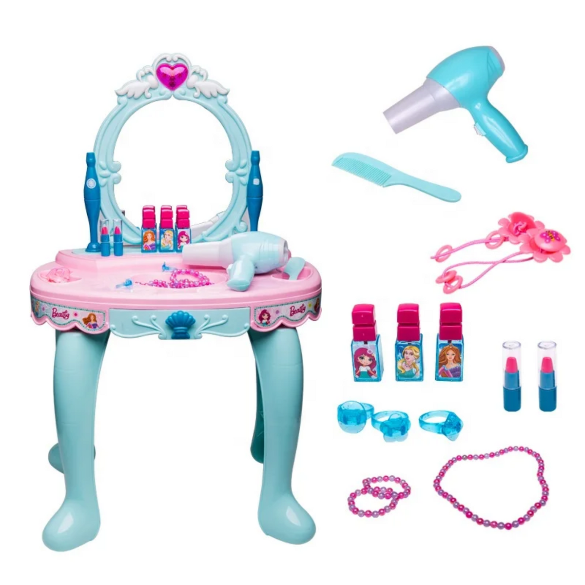 Cute Pretend Play Kids Princess Dressing Vanity Table Musical Beauty Makeup Table Set
