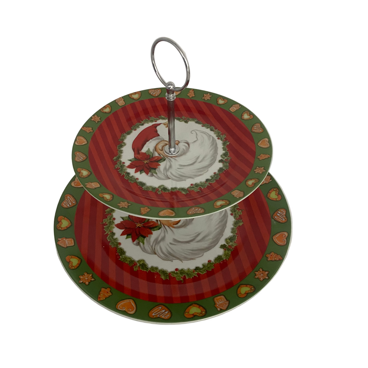 2 Levels Porcelain Christmas Candy Plate With Metal Handle