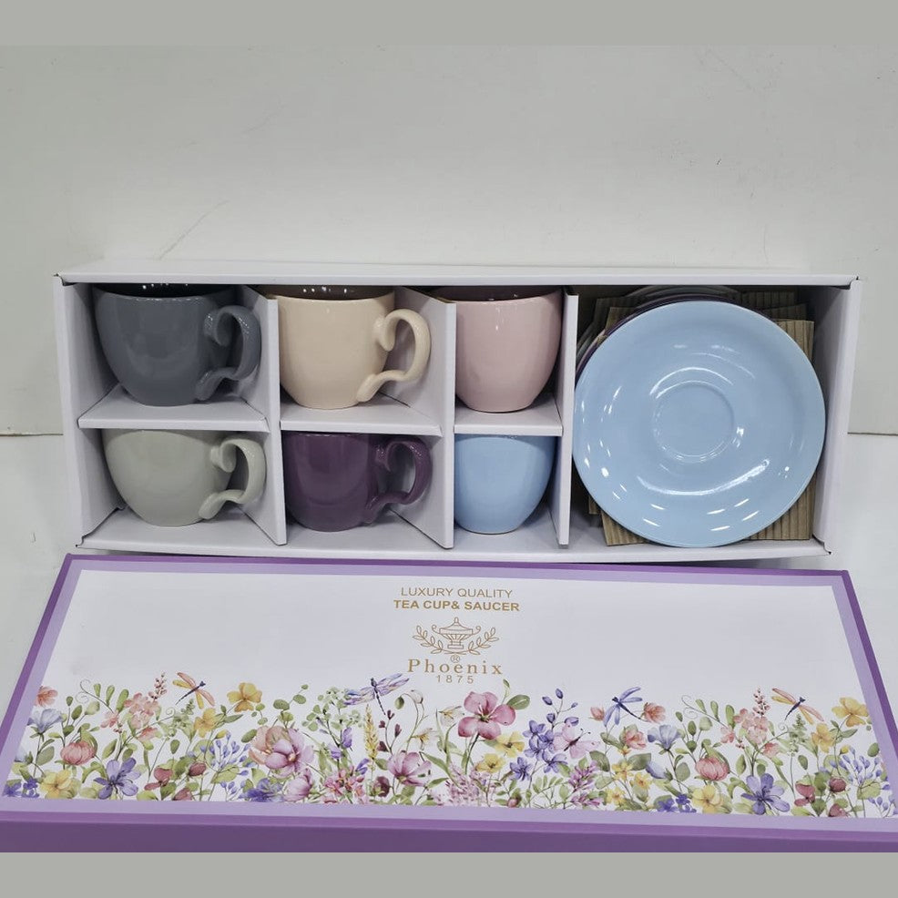 Phoenix, 12 Pcs Colored Coffee Cups With Saucers Set