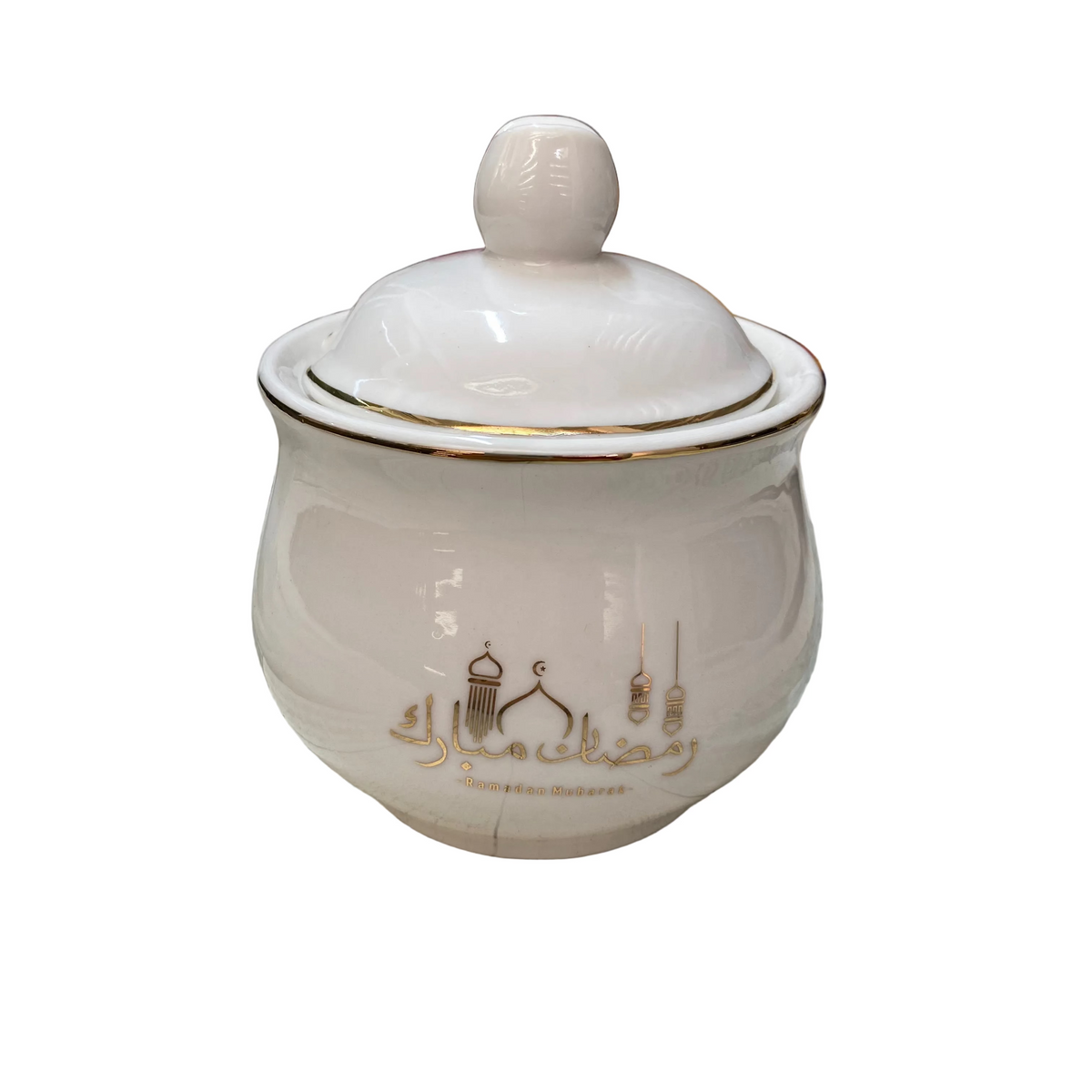 Porcelain Sugar Pot “Ramadan Mubarak” -White & Gold