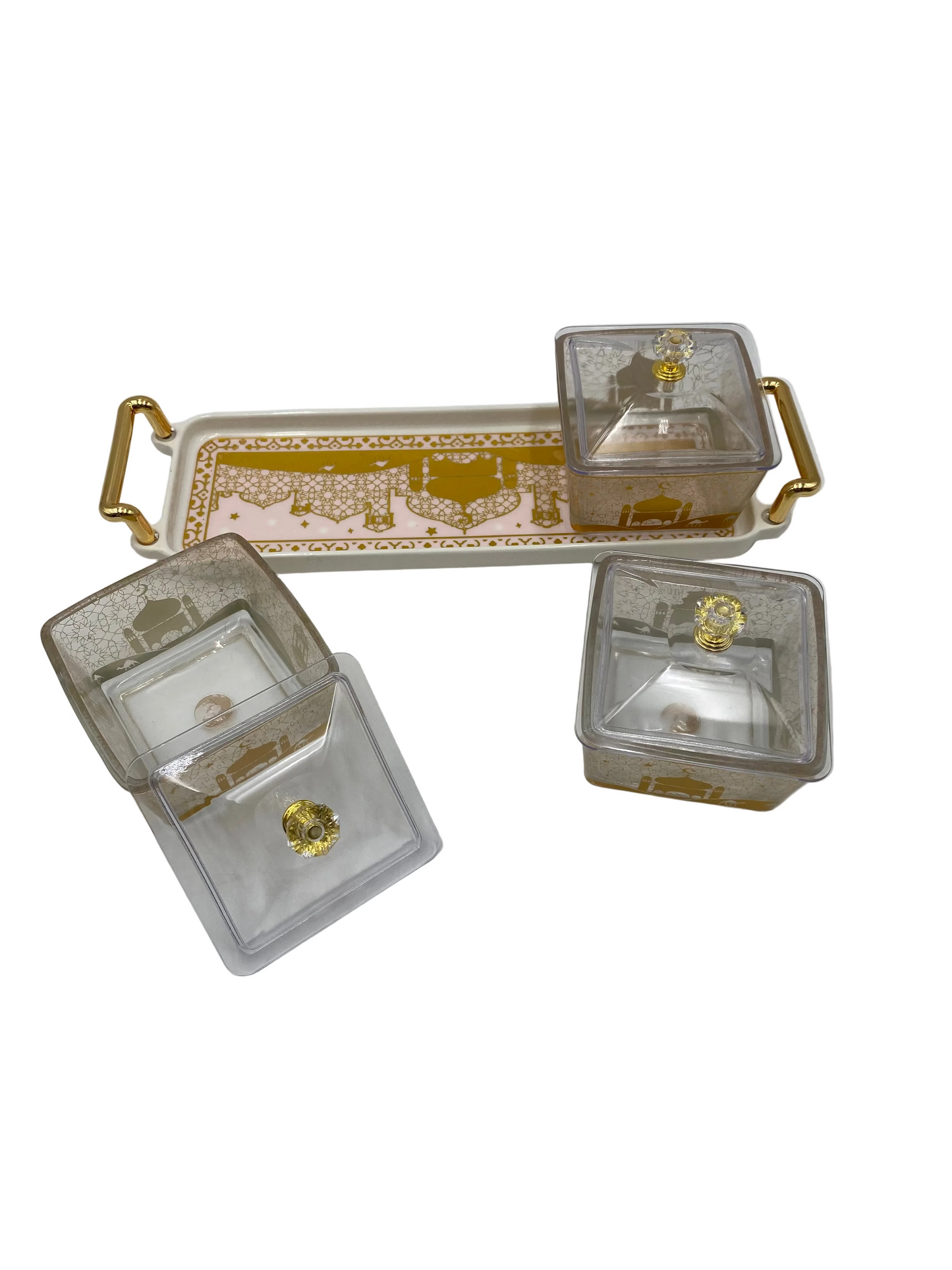 Ramadan Decorative Glass Candy Bowls With Porcelain Tray Set Of 3 Pcs