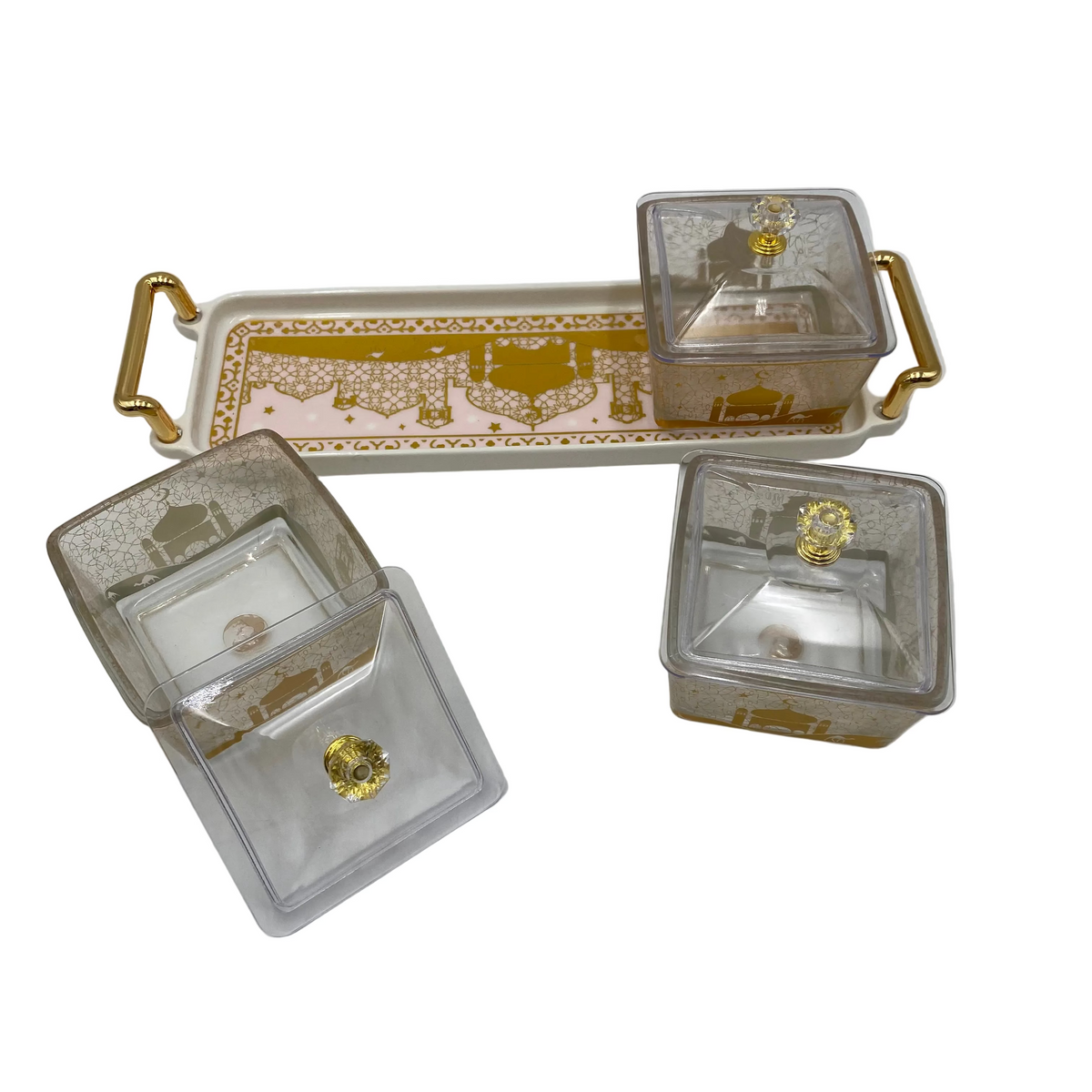 Ramadan Decorative Glass Candy Bowls With Porcelain Tray Set Of 3 Pcs