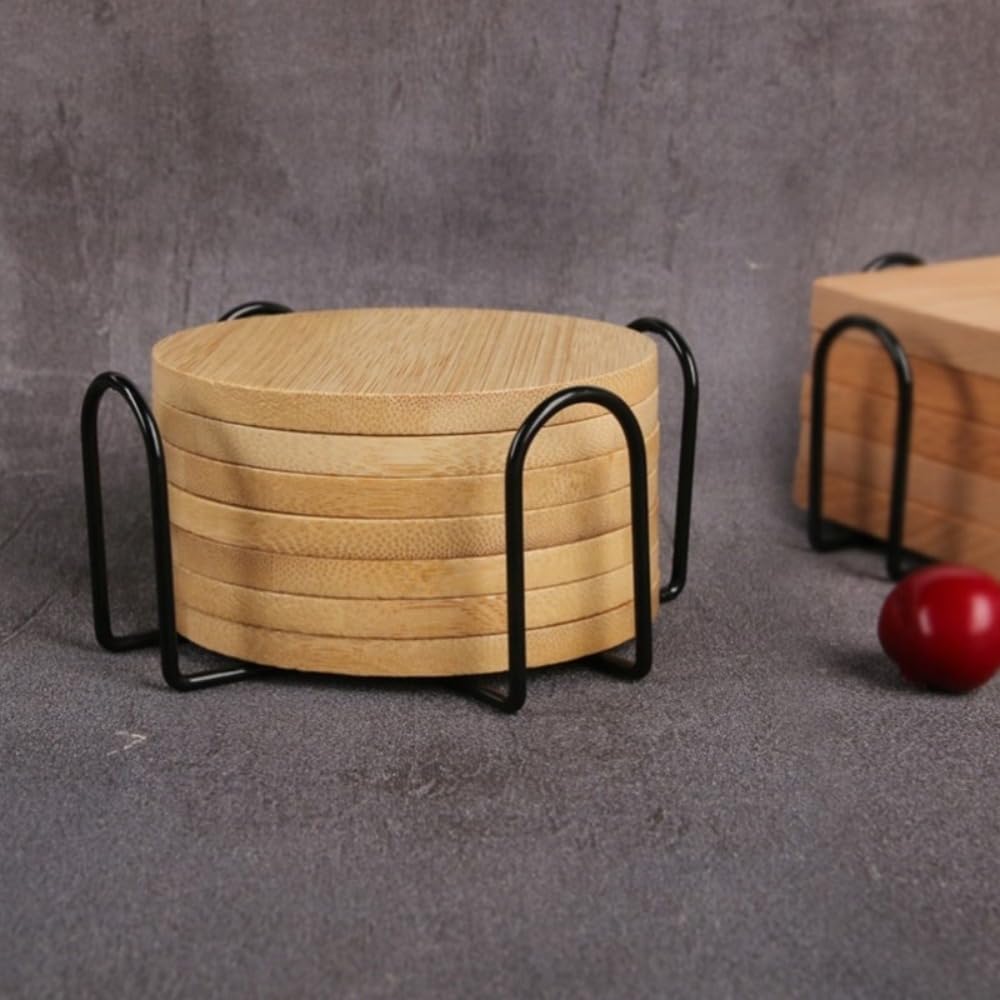 Set Of 6 Pcs Bamboo Coaster With Metal Stand