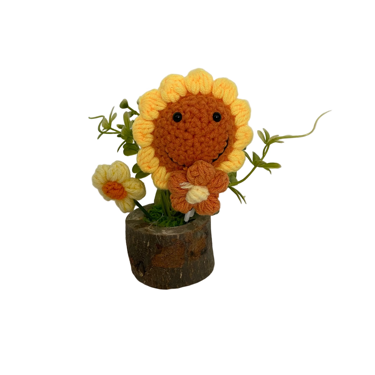Handmade Crochet Smiling Sunflower Pot With Artificial Plant