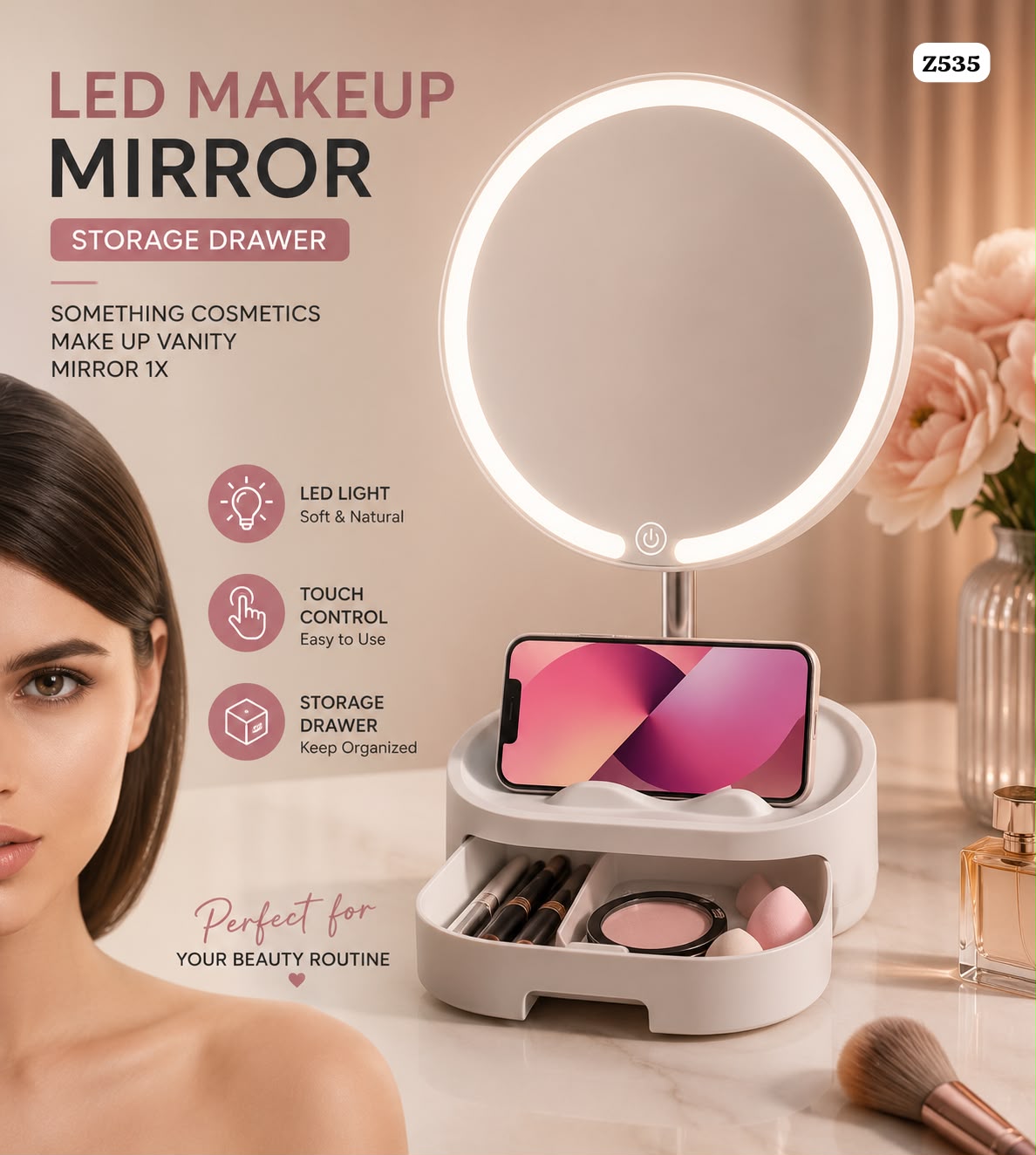 Led Makeup Mirror With Storage Drawer