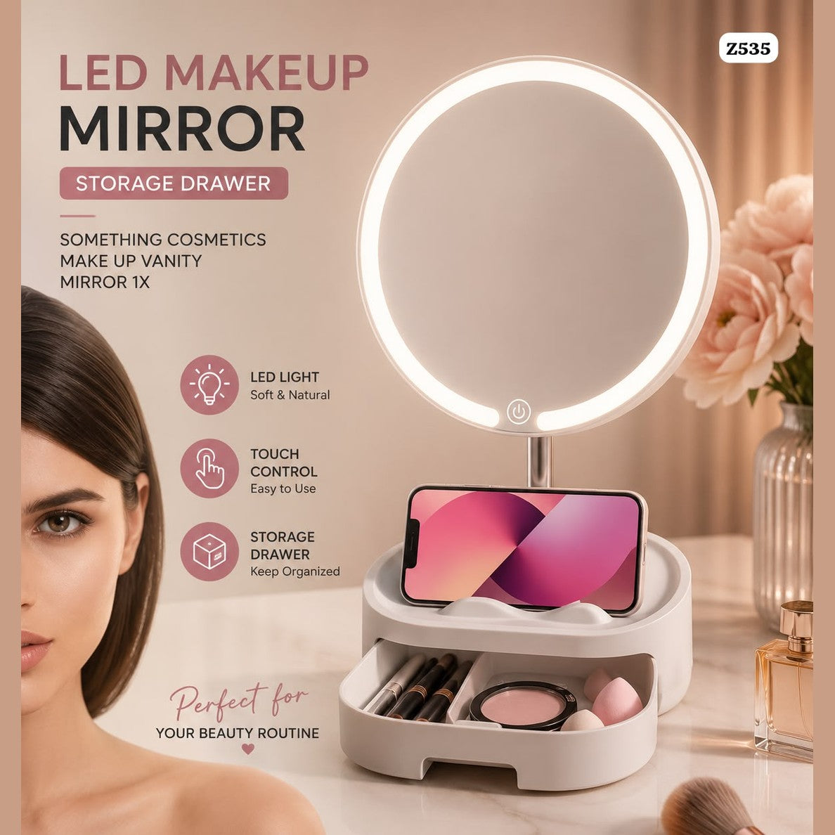 Led Makeup Mirror With Storage Drawer