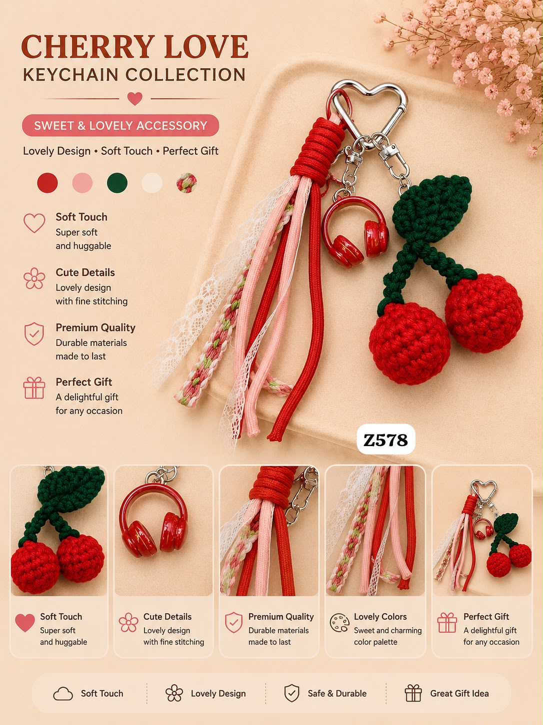 Crochet Cherry Keychain