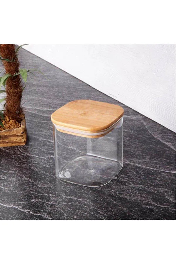 Square Glass Storage Jar With Bamboo Wood Lid