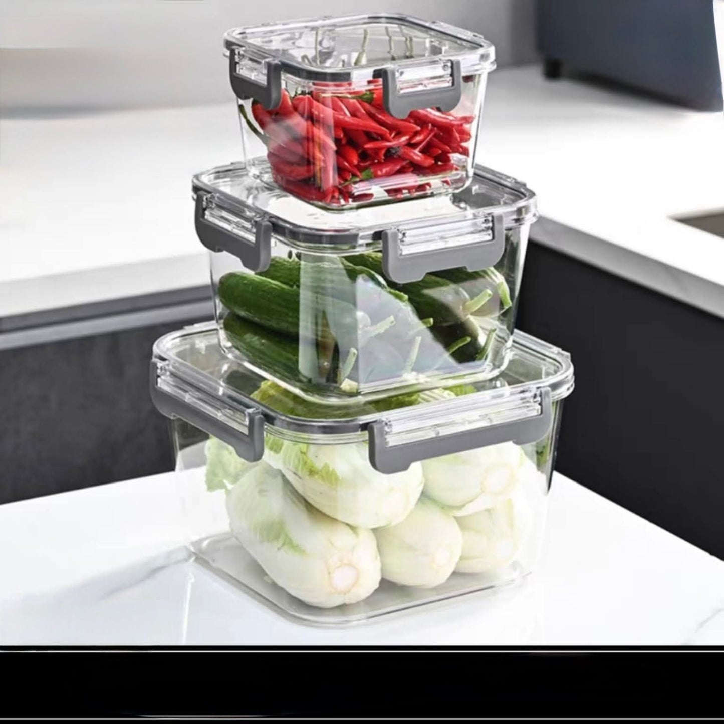 3 Pcs Transparent Squared Plexi Storage Box With Airtight Lid Set