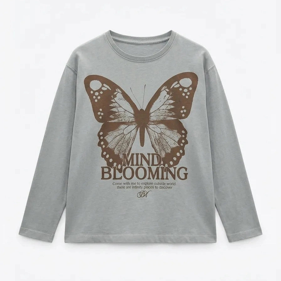 Zara Girl's Grey "Mind Blooming" Graphic Long Sleeve Blouse | Zara In Lebanon
