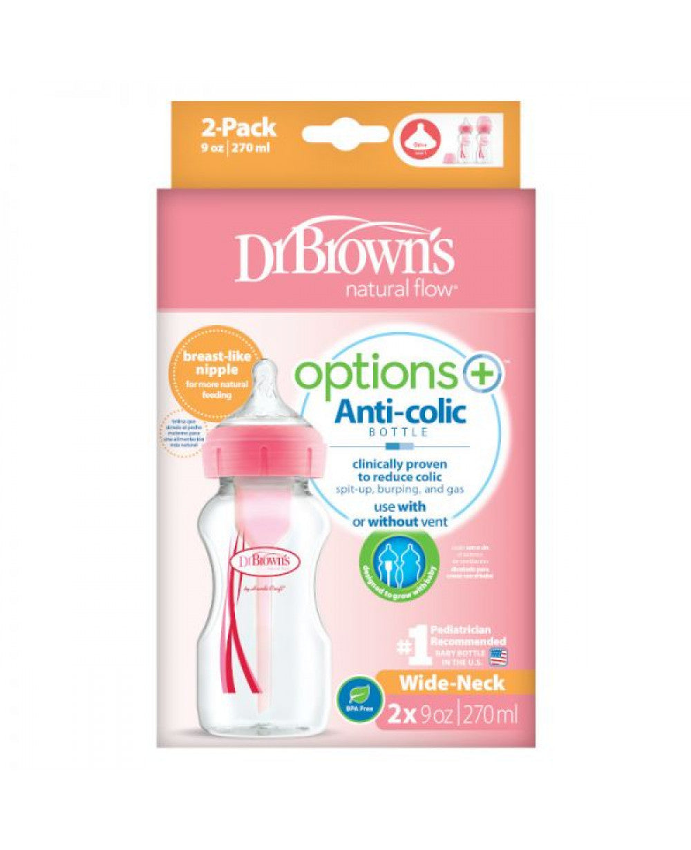DrBrown's - Anti-Colic Op+ Wide Neck - Baby Bottle With Level 1 Teat - 270ML - Twin Pack - Pink