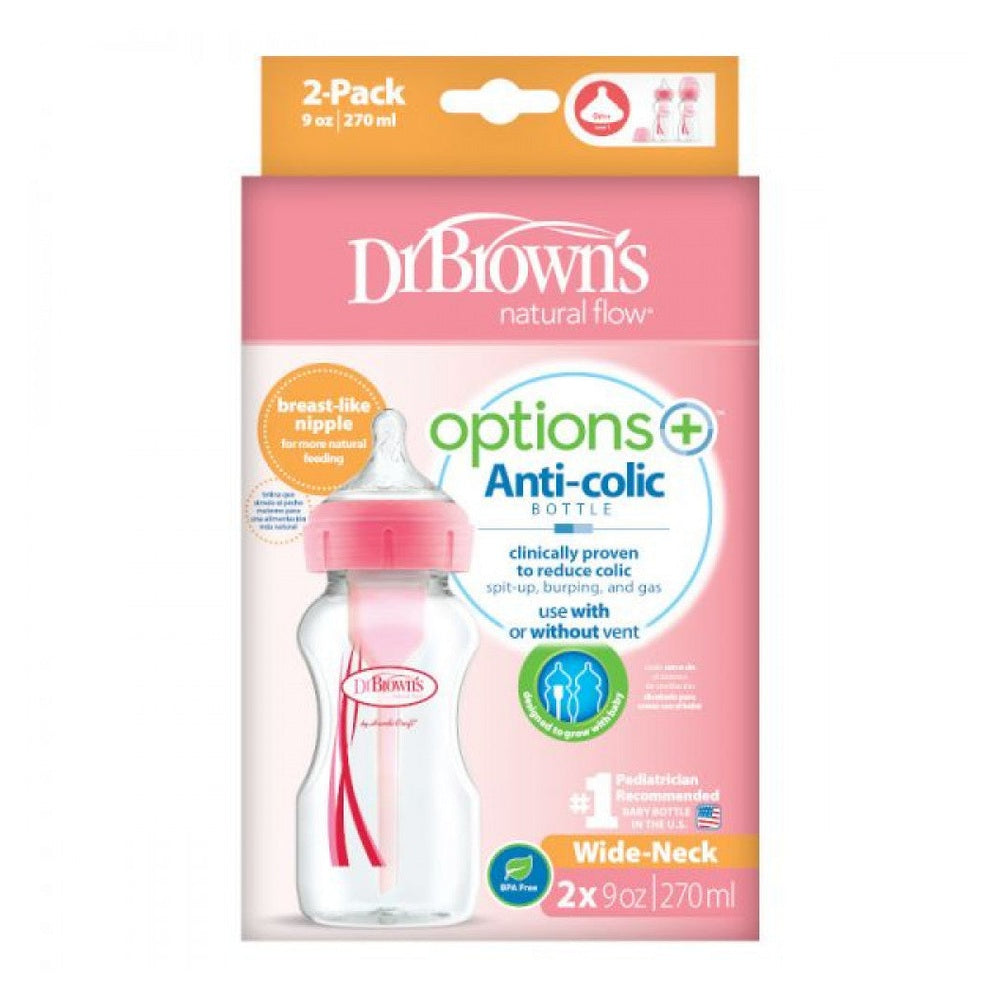 DrBrown's - Anti-Colic Op+ Wide Neck - Baby Bottle With Level 1 Teat - 270ML - Twin Pack - Pink