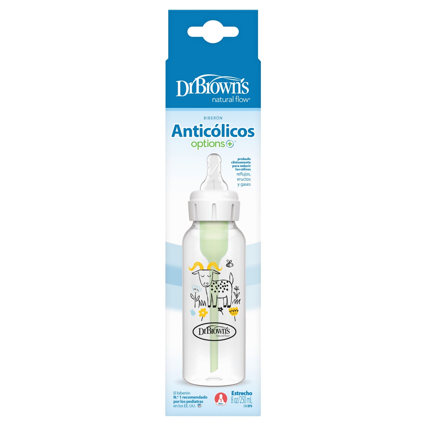 DrBrown's - Anti-Colic Op+ - Narrow Baby Bottle 250ML - Single Bottle With Level 1 Nipple - Slow Flow - Goat Design