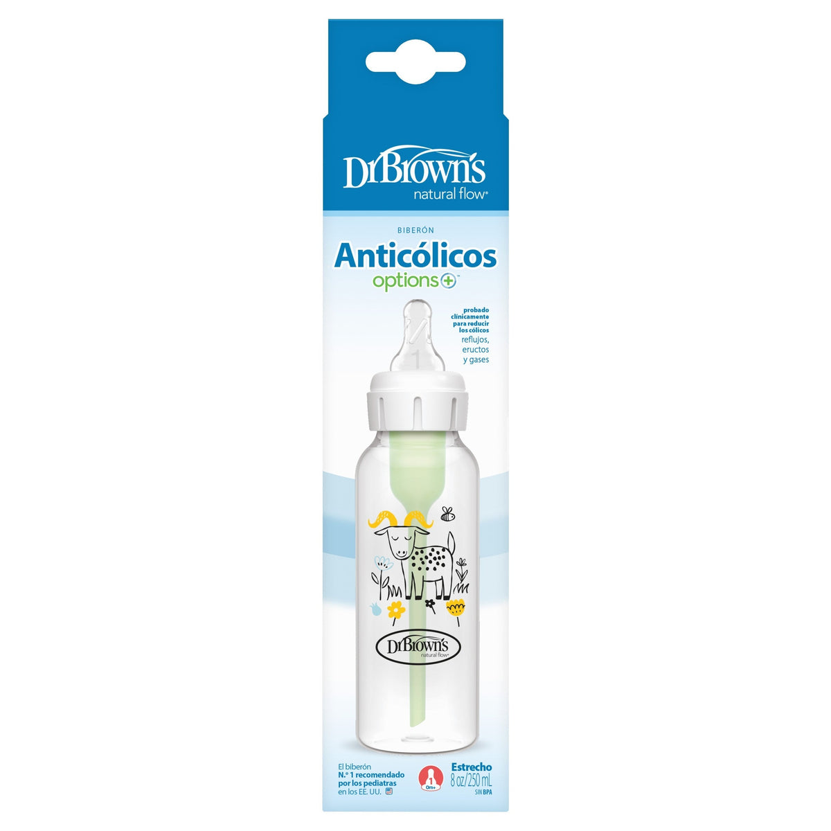 DrBrown's - Anti-Colic Op+ - Narrow Baby Bottle 250ML - Single Bottle With Level 1 Nipple - Slow Flow - Goat Design