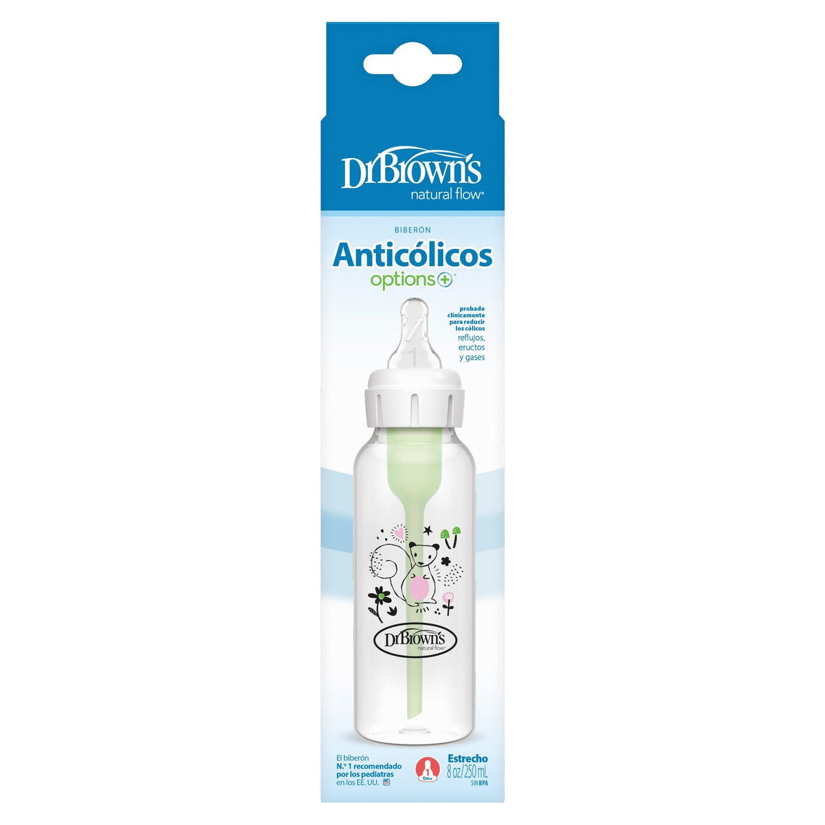 DrBrown's - Anti-Colic Op+ - Narrow Baby Bottle 250ML - Single Bottle With Level 1 Nipple - Slow Flow - Squirrel Design