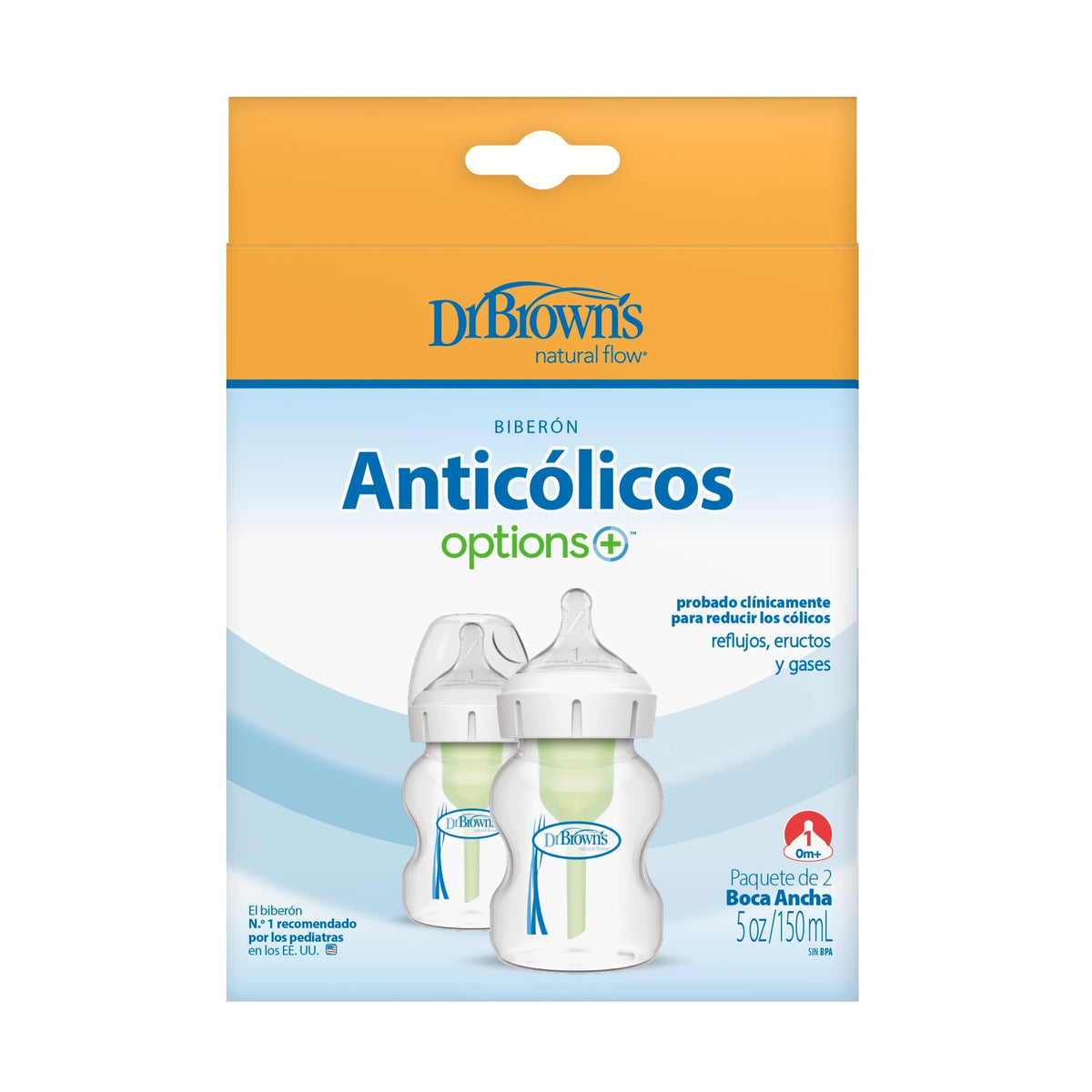 DrBrown's - Op+ Anti-Colic Wide Neck - Baby Bottle - With Level 1 Teat - 150ML - Twin Pack - Transparent