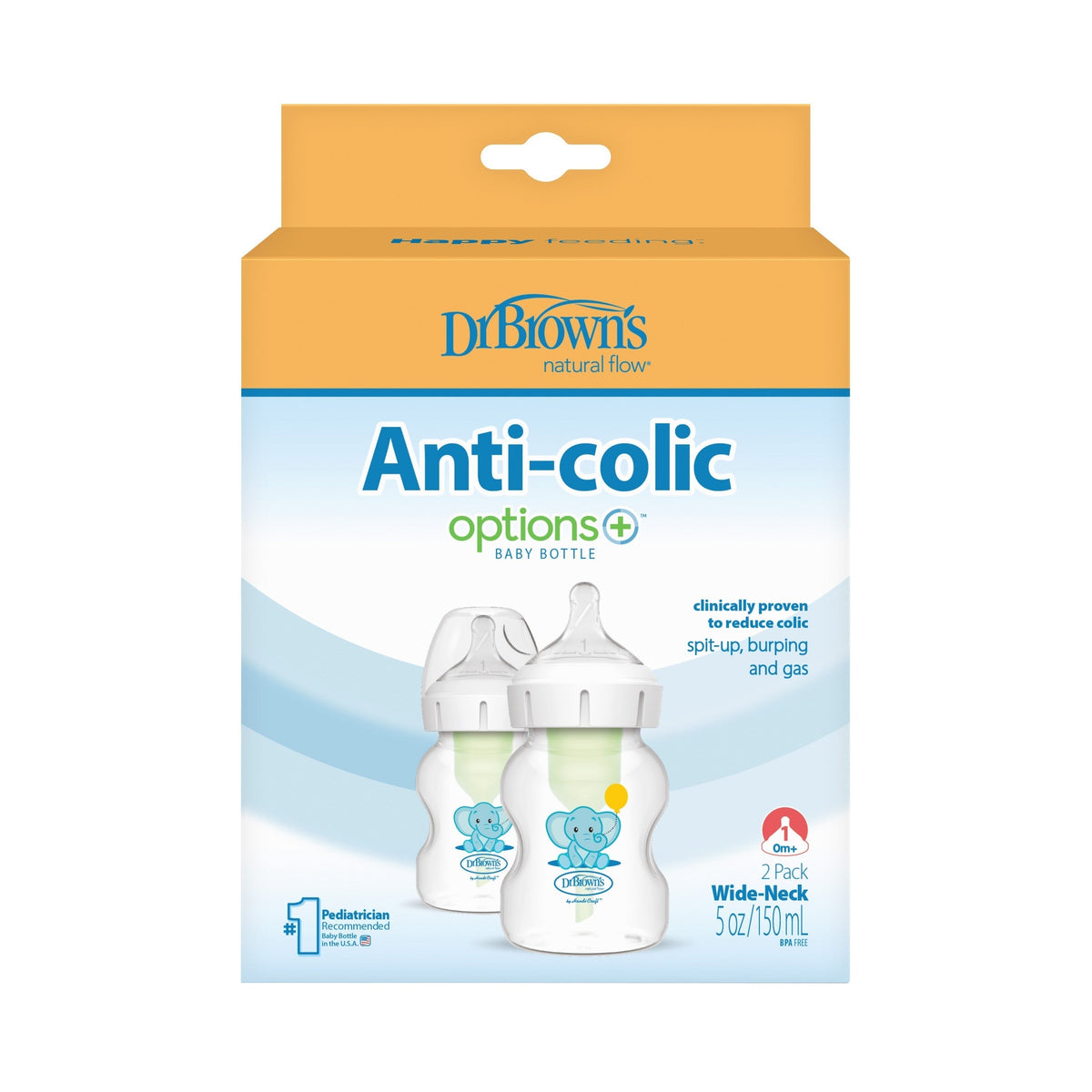 DrBrown's - Op+ Anti-Colic - Wide Neck - Baby Bottle 150ML - With Level 1 Teat - Twin Pack - Elephant Design