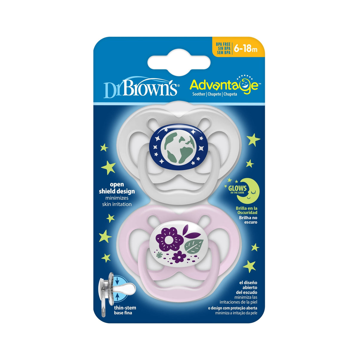 DrBrown's - Advantage Soother Glow In The Dark - Stage 2 (6-18m) - 2pack - Pink
