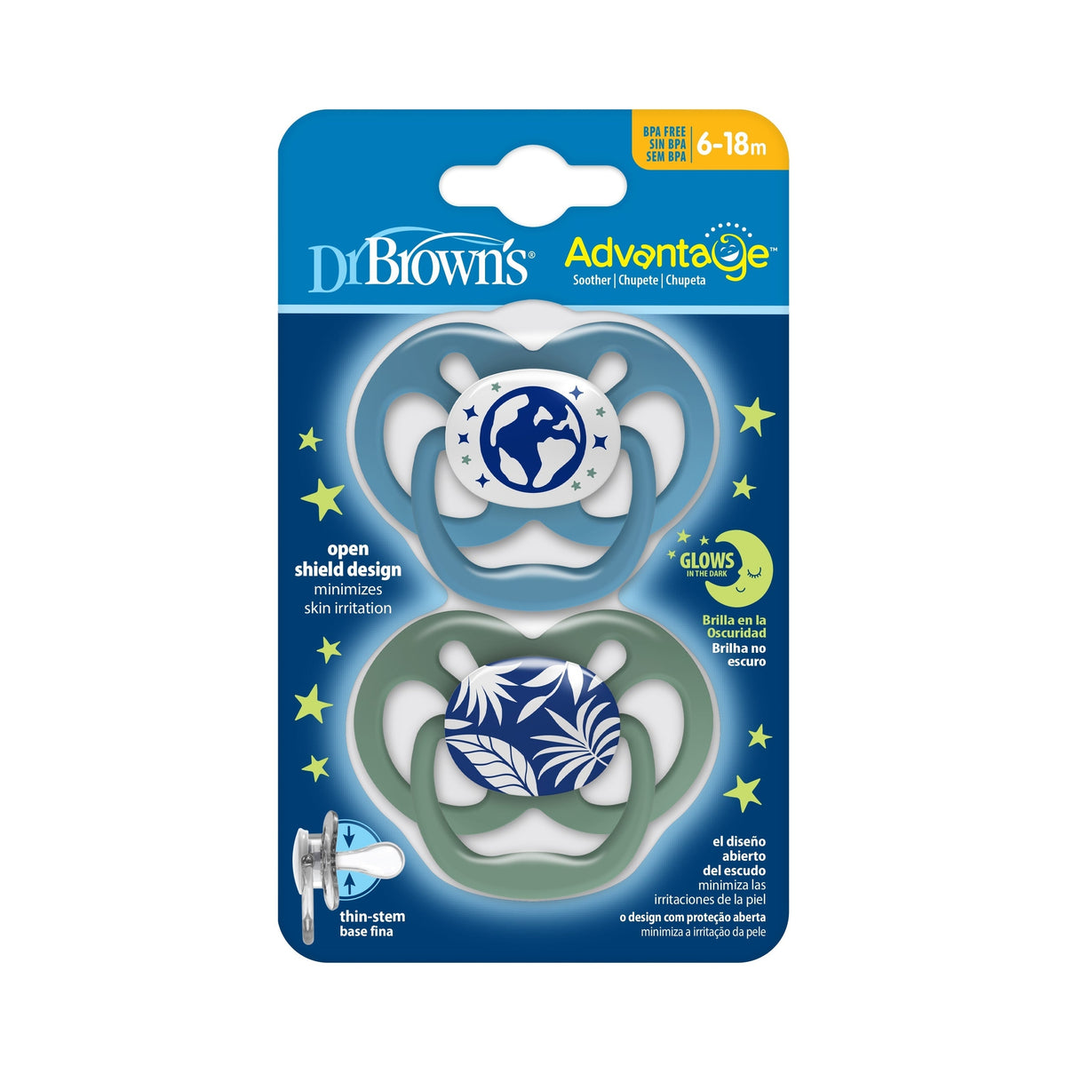DrBrown's - Advantage Soother Glow In The Dark - Stage 2 (6-18m) - 2pack - Blue
