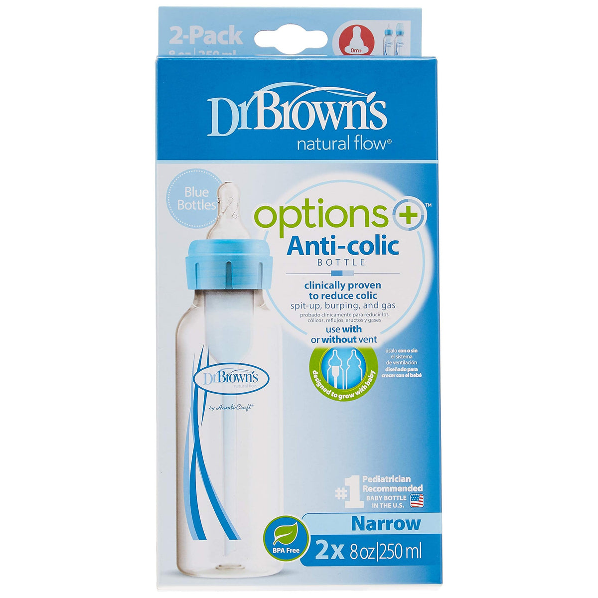 DrBrown's - Anti-Colic Op+ - Narrow Baby Bottle - 250ML - Blue