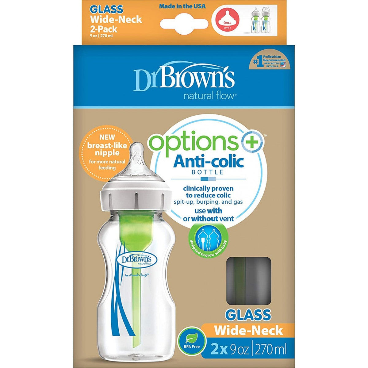 DrBrown's - Op+ Anti-Colic - Baby Bottle Glass - 270ML - Twin Pack