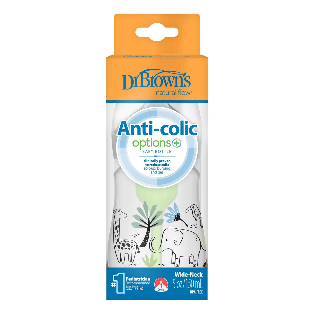 DrBrown's - Op+ Anti-Colic Wide Neck - Baby Bottle - 150ML - With Level 1 Teat - Jungle Elephant